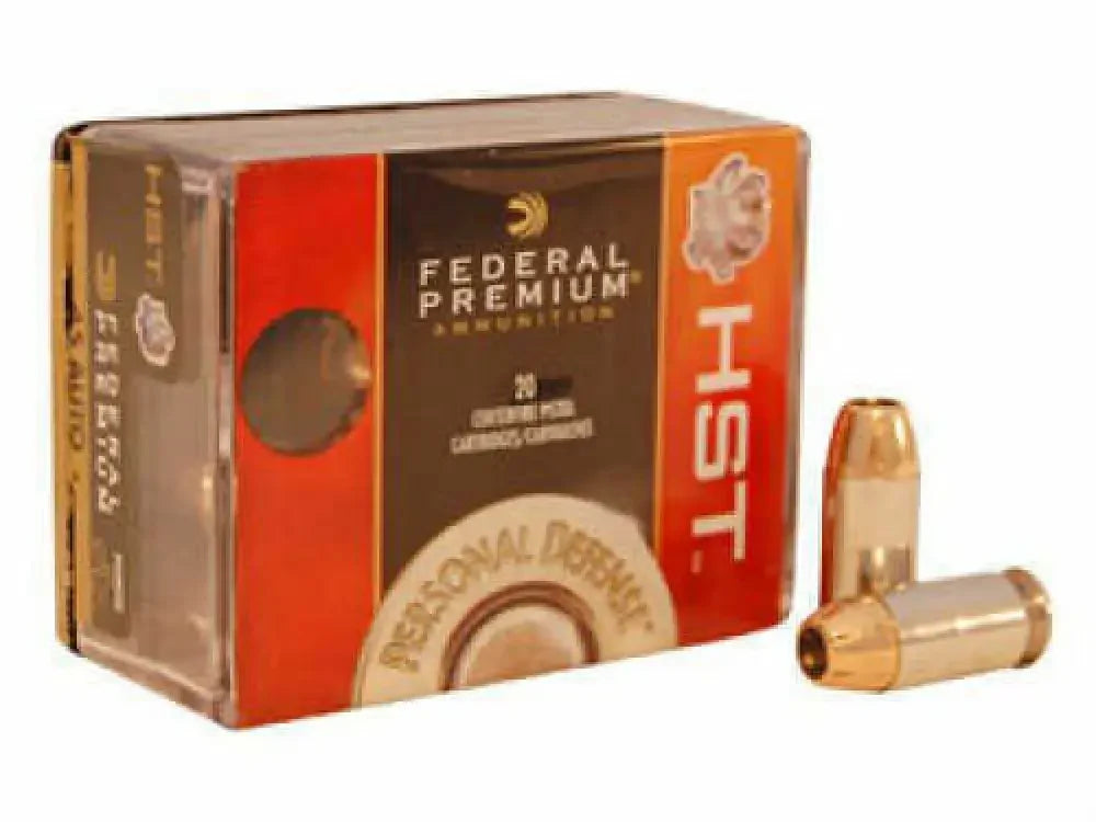 Federal P45HST2S 45 ACP ammunition box with brass cartridges