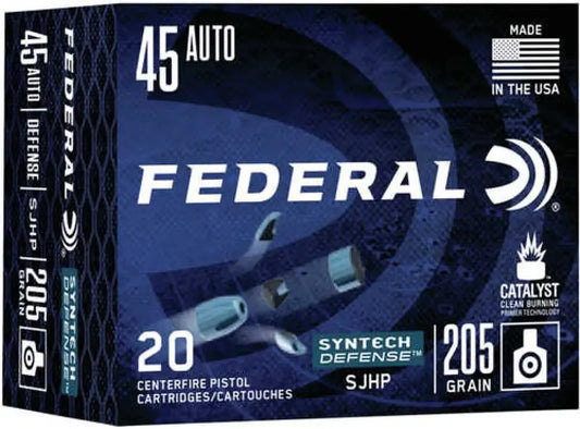 Federal Syntech Defense 45 ACP 205 Grain ammo box with dynamic terminal performance