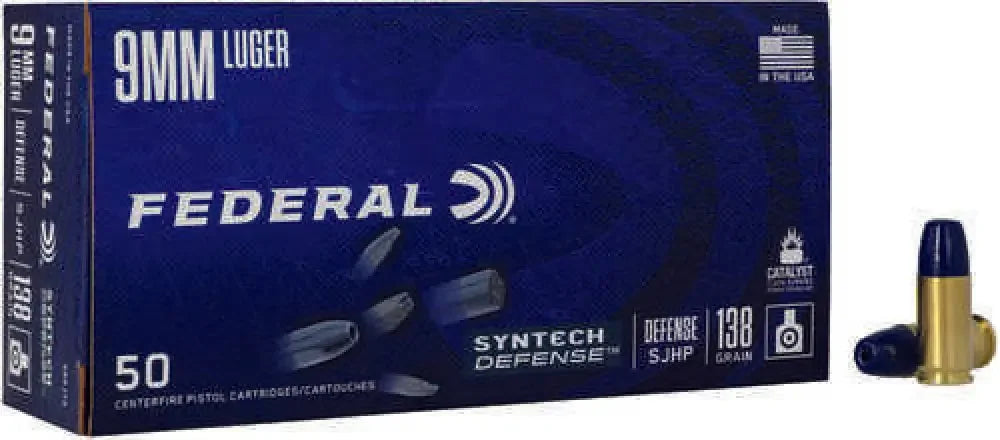 Federal Syntech Defense 9mm Luger ammo box with 50 cartridges