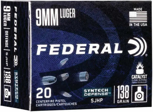 Federal Syntech Defense 9mm Luger ammo box with black blue packaging