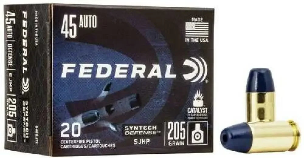 Federal Syntech Defense .45 ACP 205gr SJHP ammo box with blue-tipped cartridges