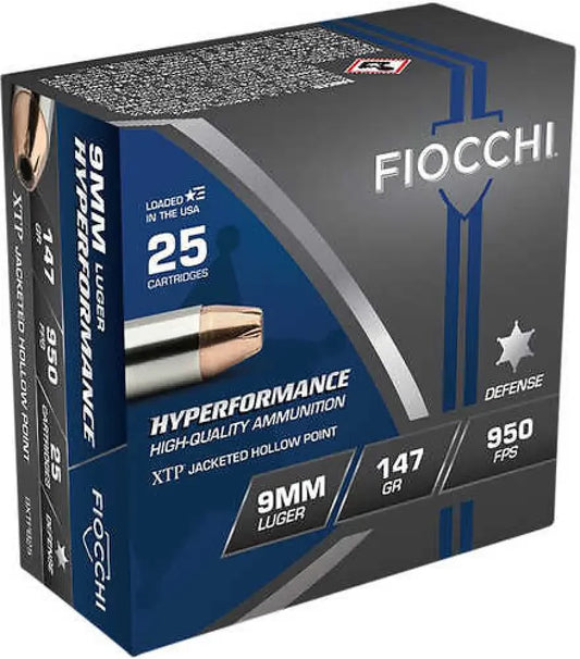 Fiocchi 9mm 147 grain hollow point ammo box with blue silver design