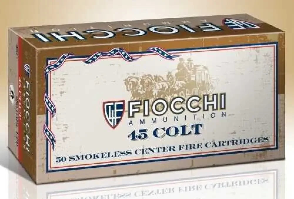 Fiocchi 45 Colt 250 grain lead ammunition box with vintage gold blue design