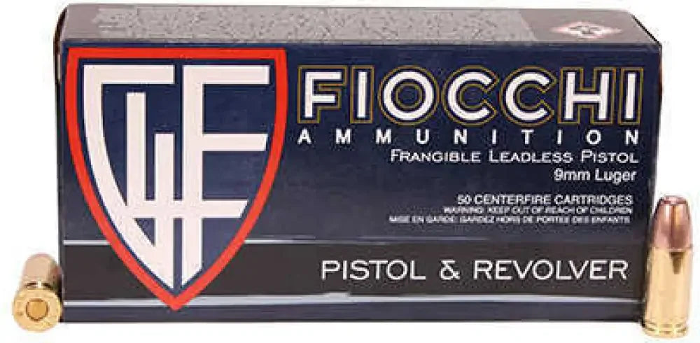 Fiocchi 9mm luger ammunition box with shield logo, 100 grain frangible