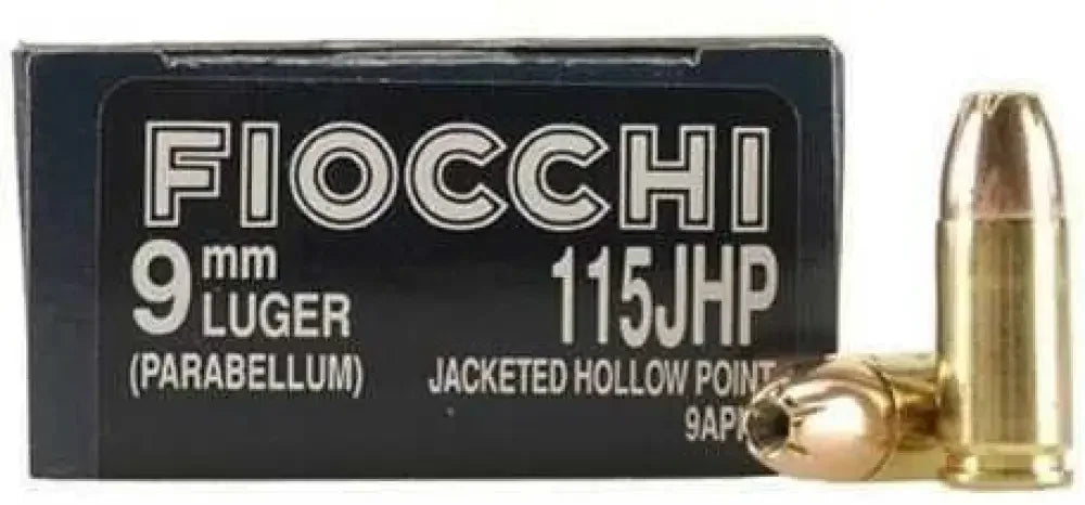 Fiocchi 9mm Luger 115 grain jacketed hollow point ammo in black box