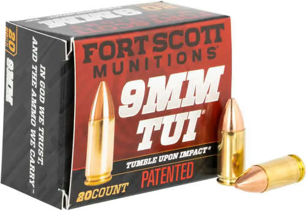 Fort Scott Munitions 9mm Luger ammunition in red black box with brass bullets