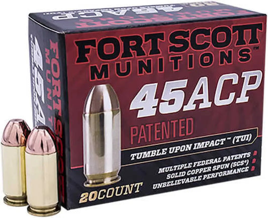 Fort Scott Munitions 45 ACP TUI ammo box with copper bullets