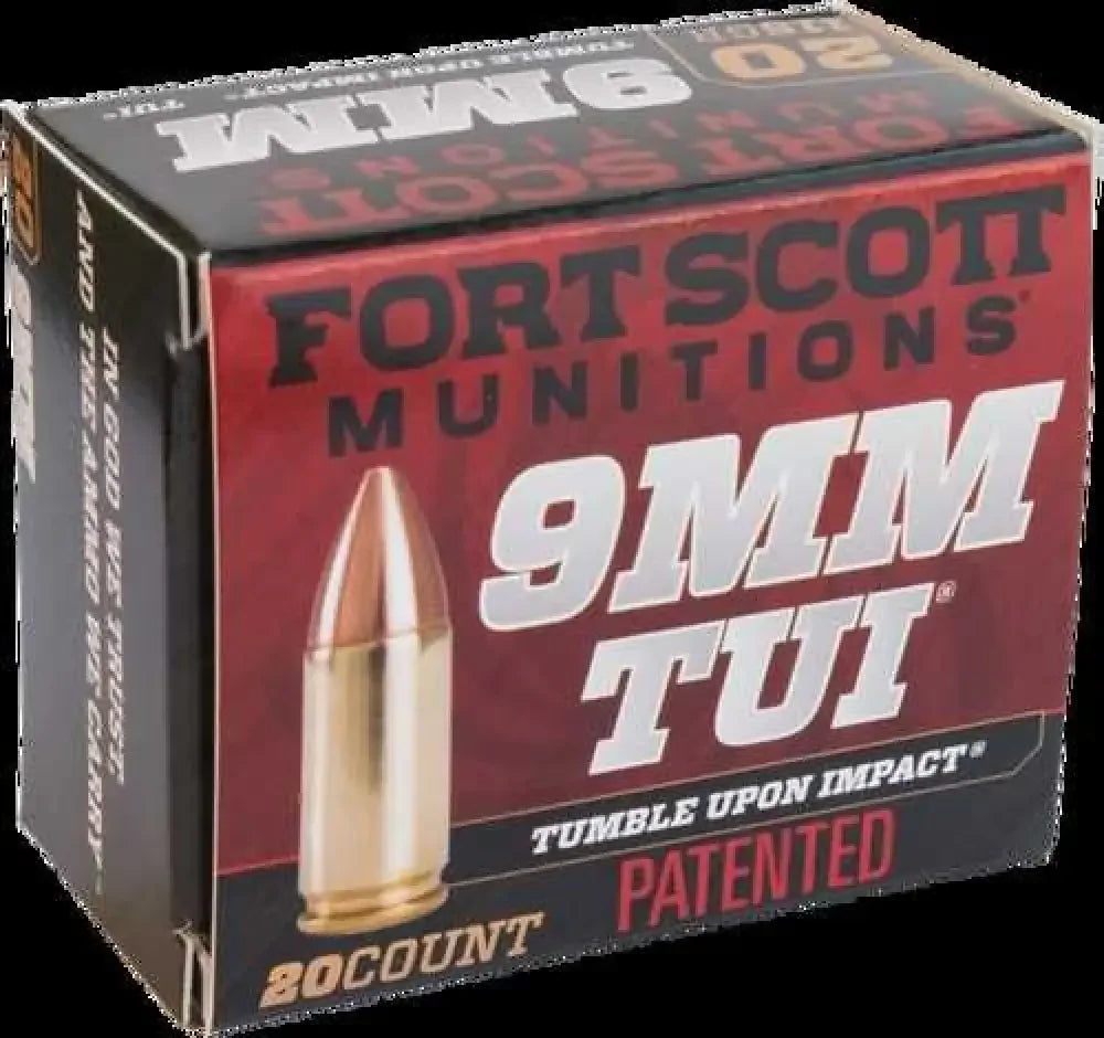 Fort Scott Munitions 9mm 80 Grain TUI ammo box in red and black