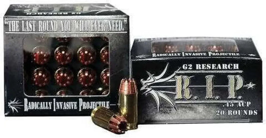 G2 Research 45 ACP RIP ammo in black copper box for maximum stopping power