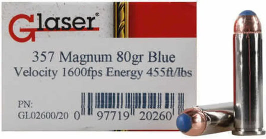 Glaser 357 Magnum ammo with blue tips for maximum stopping power
