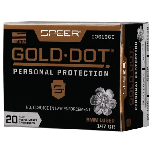 Speer Gold Dot 9mm Luger ammo box with black gold design
