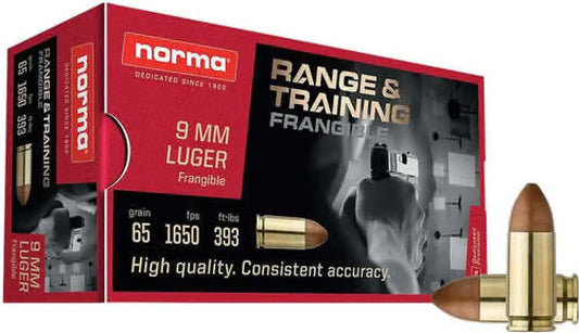 Norma range frangible ammo box with red black design and gold-tipped 65 gr bullets
