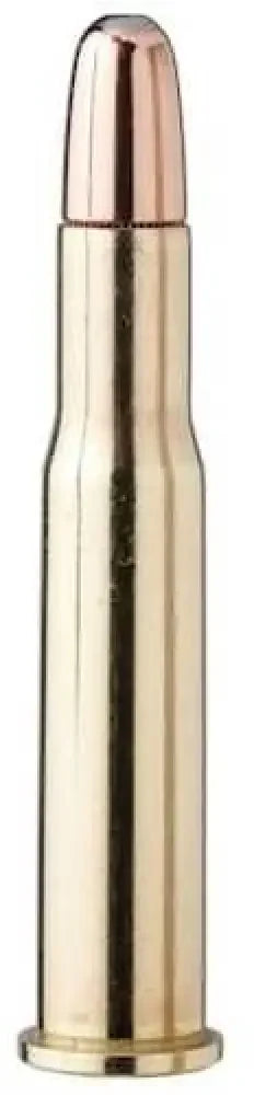 Polished brass Hornady 30-30 Win 150gr InterLock ammo with copper-tipped projectile