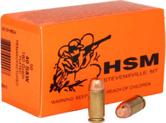HSM .40 S&W 180gr lead round nose ammo box with bullets