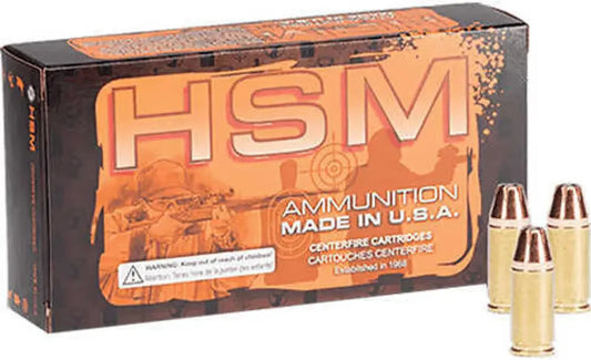 HSM 45 ACP HP Mag defense handgun ammunition box with brass cartridges