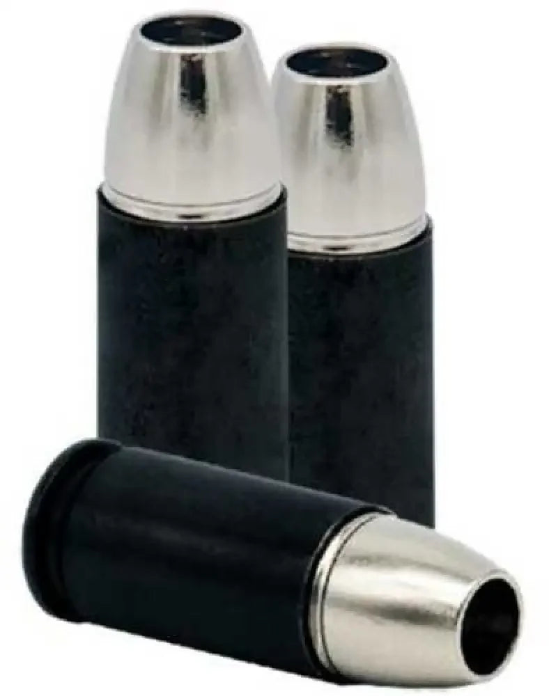 Two black and silver Liberty Overwatch 9mm Luger high velocity replica bullets