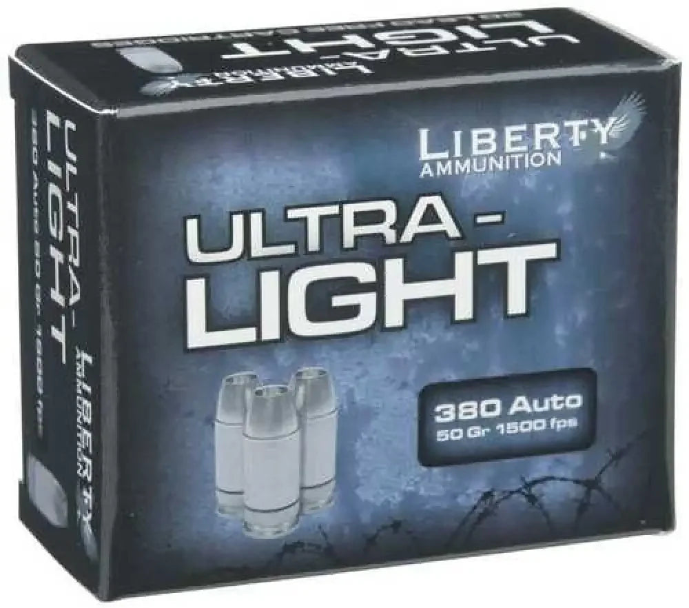 Liberty ultra-light .380 ACP ammo box with silver bullets, enhanced kinetic energy