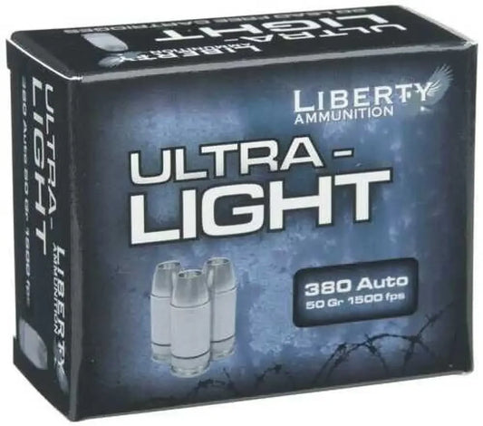 Liberty ultra-light .380 ACP ammo box with silver bullets, enhanced kinetic energy