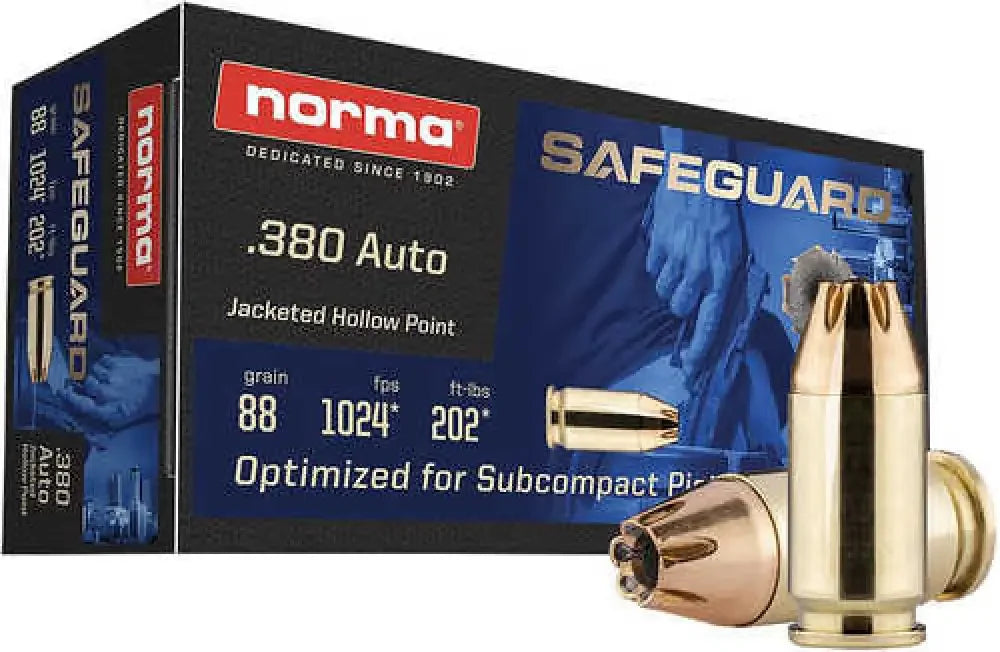 Norma Safeguard .380 ACP jacketed hollow point ammo in blue box