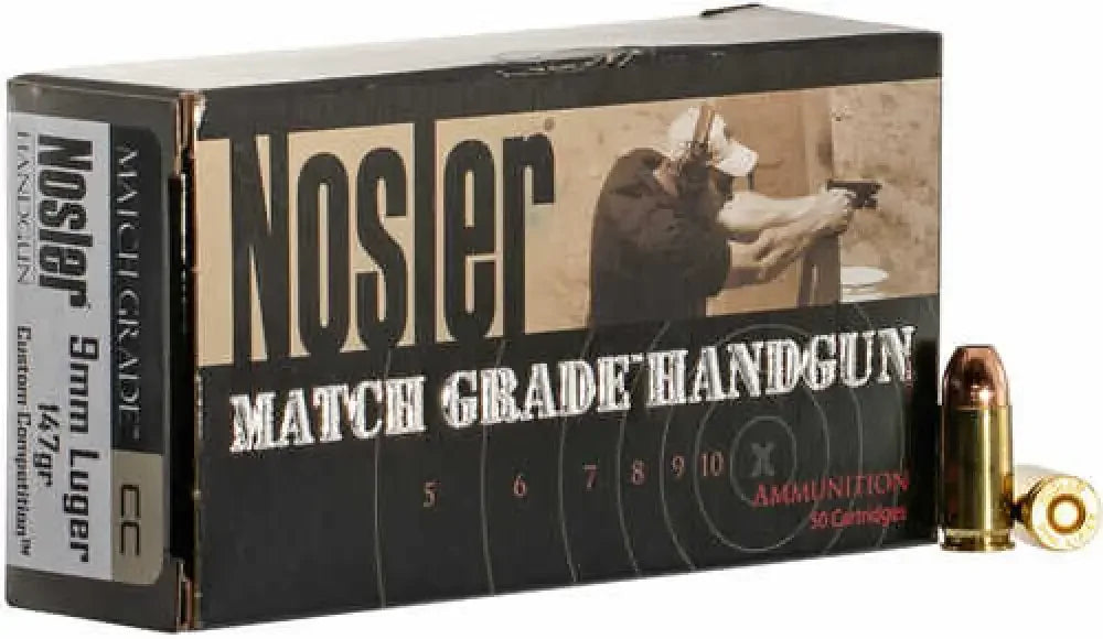 Nosler 9mm Luger 147 grain jacketed hollow point match grade ammo box