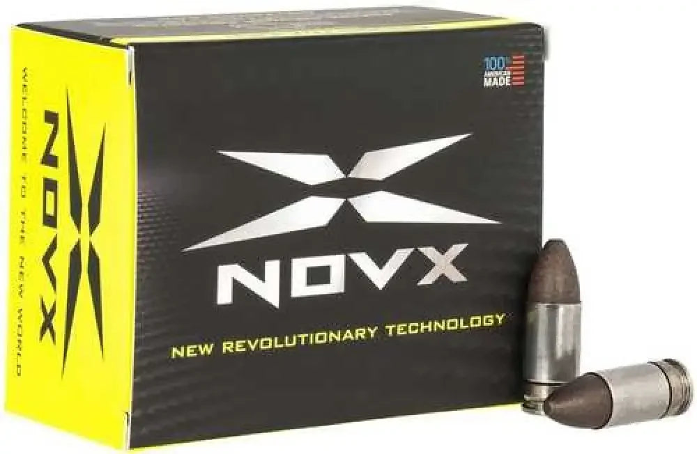 NovX 9mm Luger 65 grain frangible ammo box with silver-tipped bullets