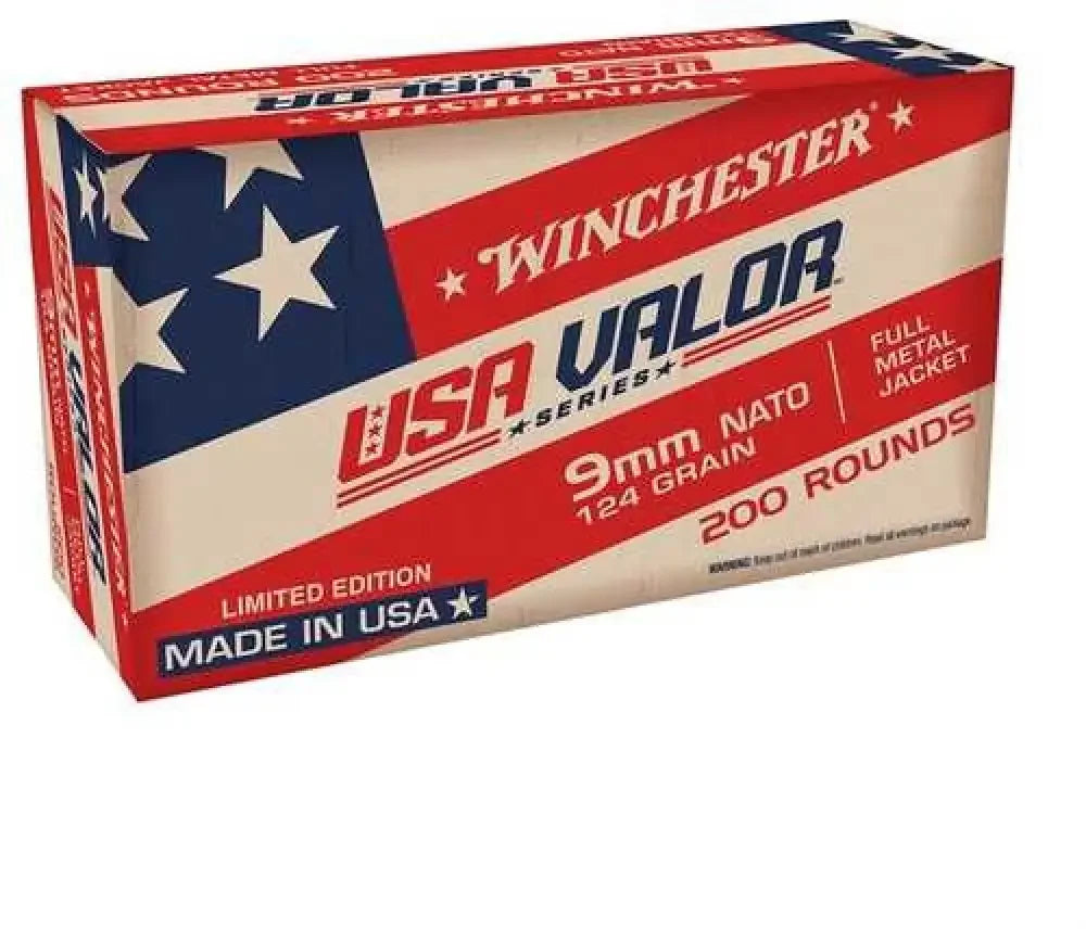 Winchester 9mm Luger 124 gr full metal jacket ammo box with patriotic flag design