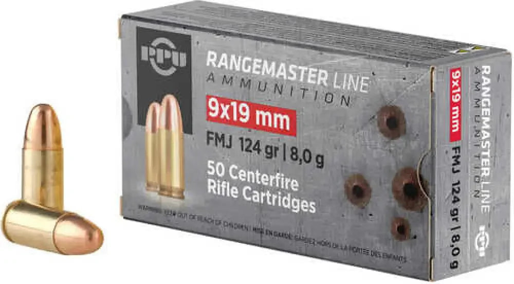 PPU Rangemaster 9x19mm 124gr FMJ brass cartridges in bulk pack