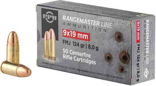 PPU Rangemaster 9x19mm 124gr FMJ brass cartridges in bulk pack