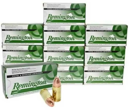 Remington 9mm Luger 124 grain FMJ pistol cartridges in green boxes