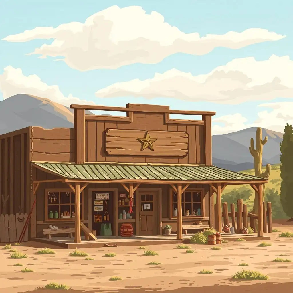 A rustic wooden saloon with a green metal roof and a golden star emblem above the entrance.