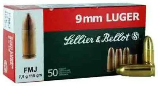 Sellier & Bellot 9mm Luger 124 Grain FMJ ammo box, 50 rounds
