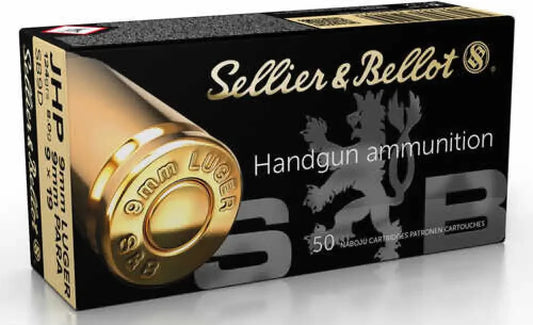 Black and gold Sellier & Bellot 9mm Luger jacketed hollow point ammo box