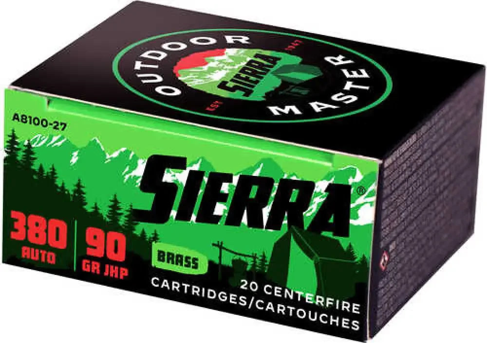 Sierra Outdoor Master 380 ACP 90gr JHP ammo box with mountain design