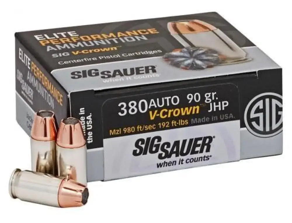 Sig Sauer 380 ACP 90 grain jacketed hollow point cartridges in box