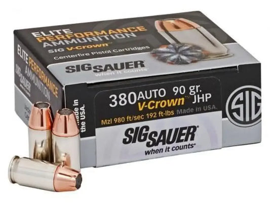 Sig Sauer 380 ACP 90 grain jacketed hollow point cartridges in box