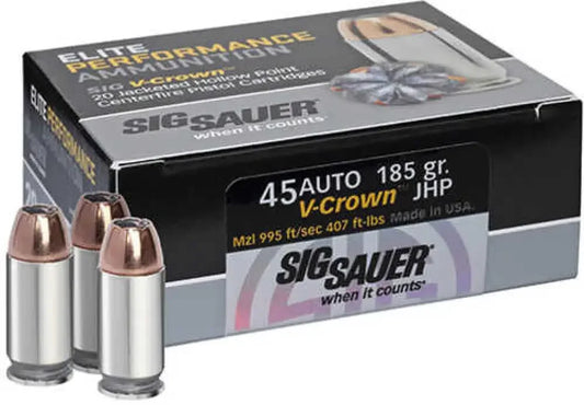 Sig Sauer Elite V-Crown 45 ACP ammunition with max expansion in box