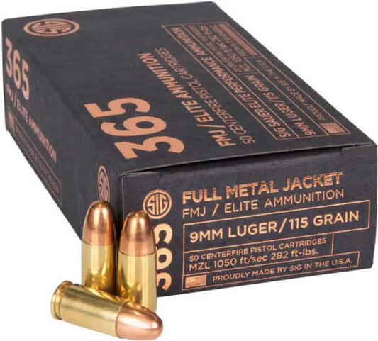 Sig Sauer Elite Ball 9mm reduced recoil ammo in black box with gold text