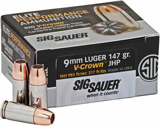 Sig Sauer Match Elite 9mm Luger 147gr V-Crown JHP ammo box
