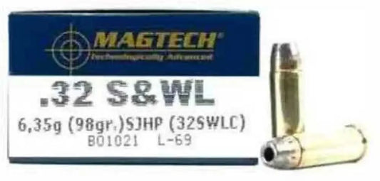 Magtech 32 S&W Long ammunition with 98gr SJHP silver-tipped brass bullet
