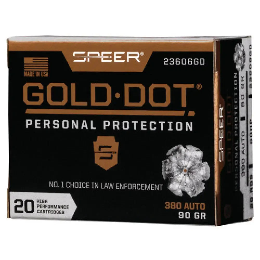 Speer Gold Dot 380 ACP 90gr JHP ammo box, 20 rounds