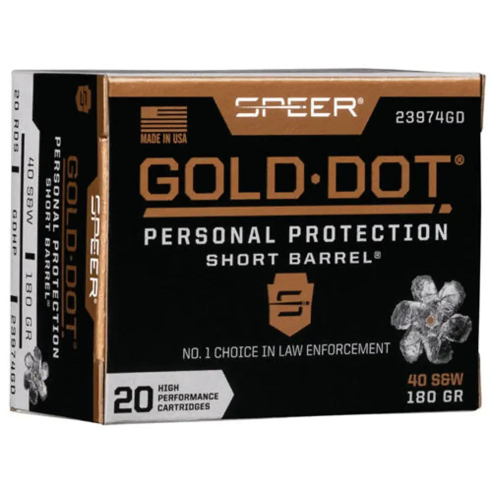 Speer Gold Dot 40 S&W 180gr hollow point ammo in black gold box
