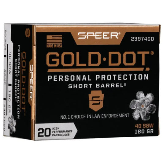 Speer Gold Dot 40 S&W 180gr hollow point ammo in black gold box