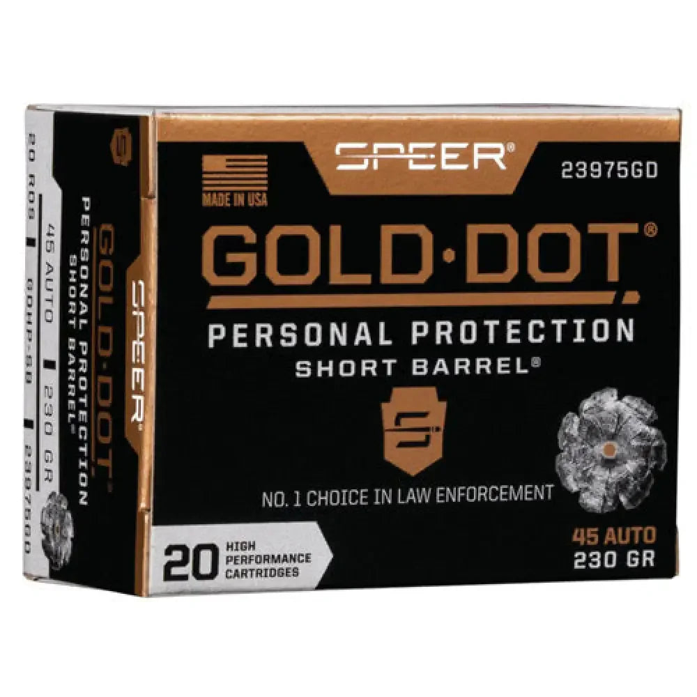 Speer gold dot 45 ACP short barrel ammo box with silver bullet