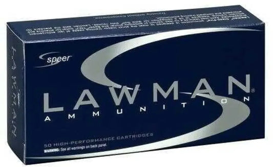 Speer Lawman 9mm Luger 124 grain TMJ ammo box, blue silver design