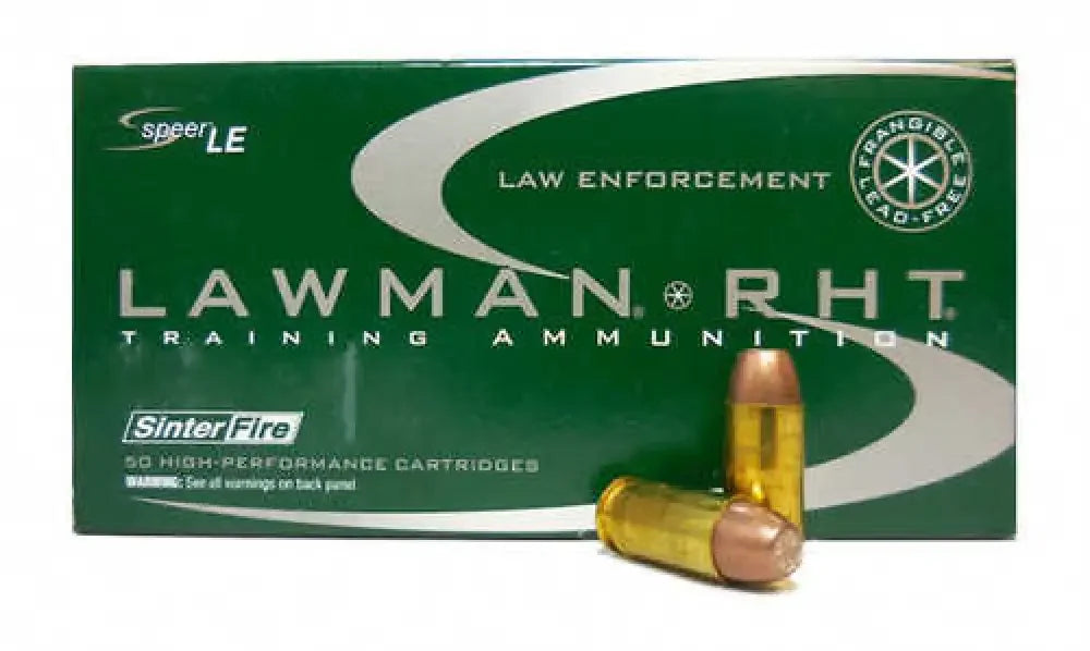 Speer Lawman 40 S&W 125 grain frangible training ammo in green box with brass cartridges