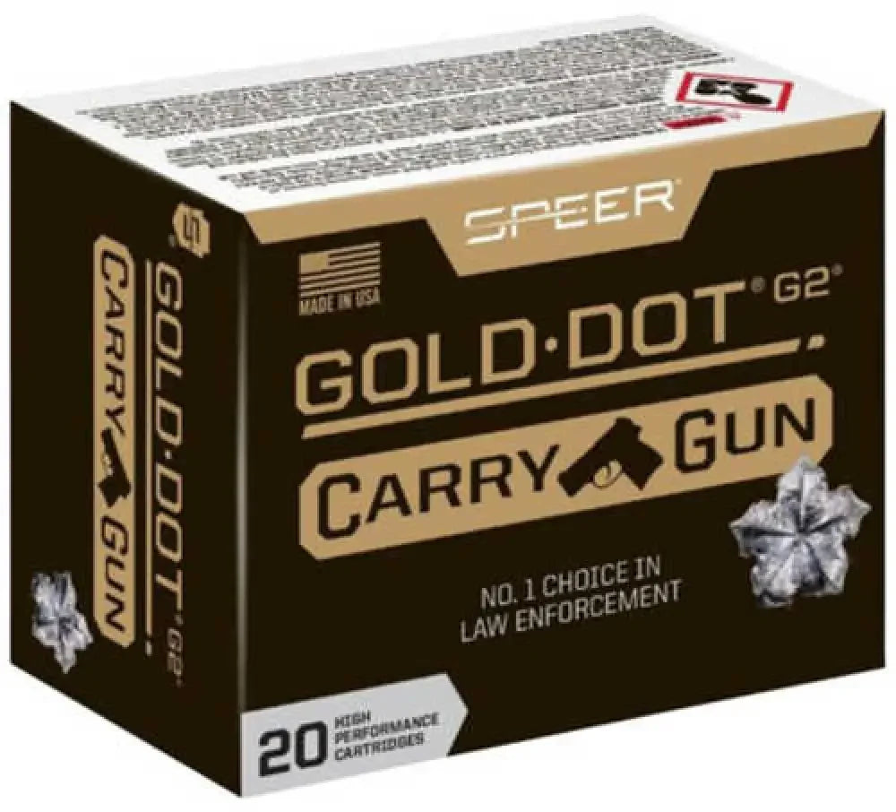 Speer 40 S&W 165 grain hollow point ammo box in black and gold