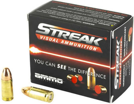 Streak Visual 9mm ammo box with black orange streak and gold bullets