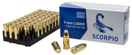 STV Technology Scorpio 9mm 115 grain full metal jacket ammo in black tray