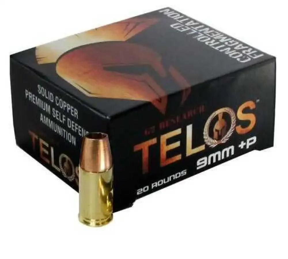 Telos 9mm Luger bullet with copper jacket and brass casing beside black box