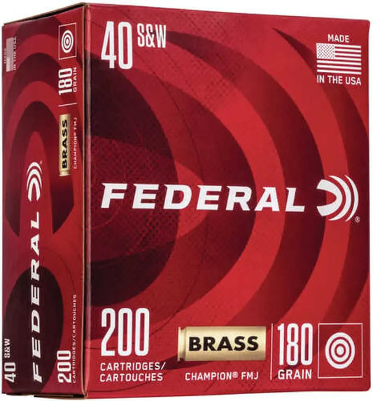 Federal Champion Training 40 S&W 180 gr FMJ ammo box with 200 rounds